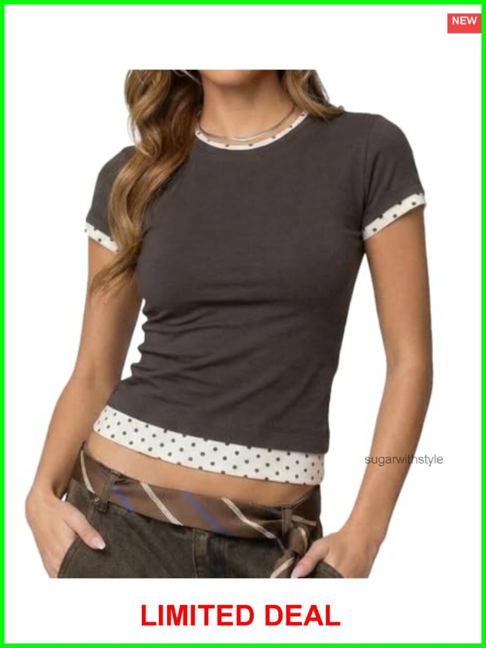 Y2k Polka Dot Ringer Baby Tee Cotton Crop Top Short Sleeve Summer